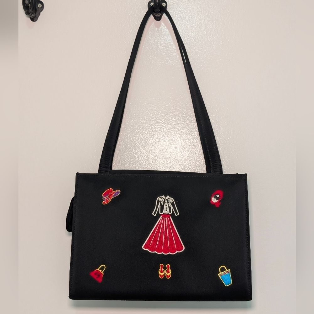 Vintage Y2K Black Satin Novelty Purse Embroidered Coquette Kitsch 90s Bag - Picture 2 of 6